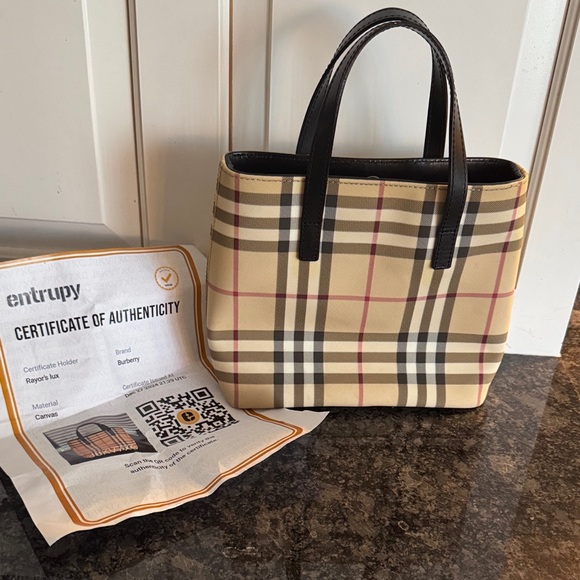 Burberry Handbags - Burberry Beige Check Canvas Tote with Black Handles